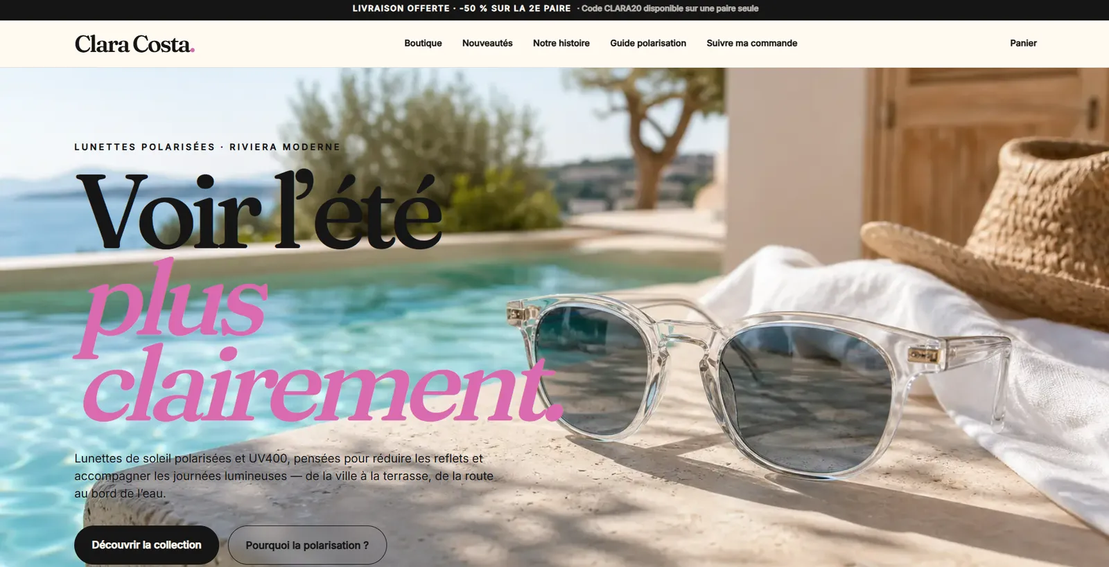 Page d’accueil de Clara Costa Eyewear, ambiance Riviera claire