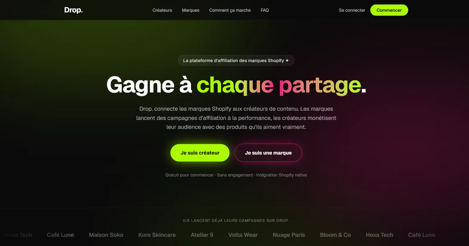 Landing page de Drop, fond sombre et accents vert néon