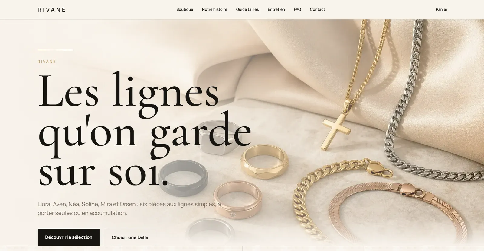 Page d’accueil de Rivane, boutique de bijoux réalisée par Vise Studio