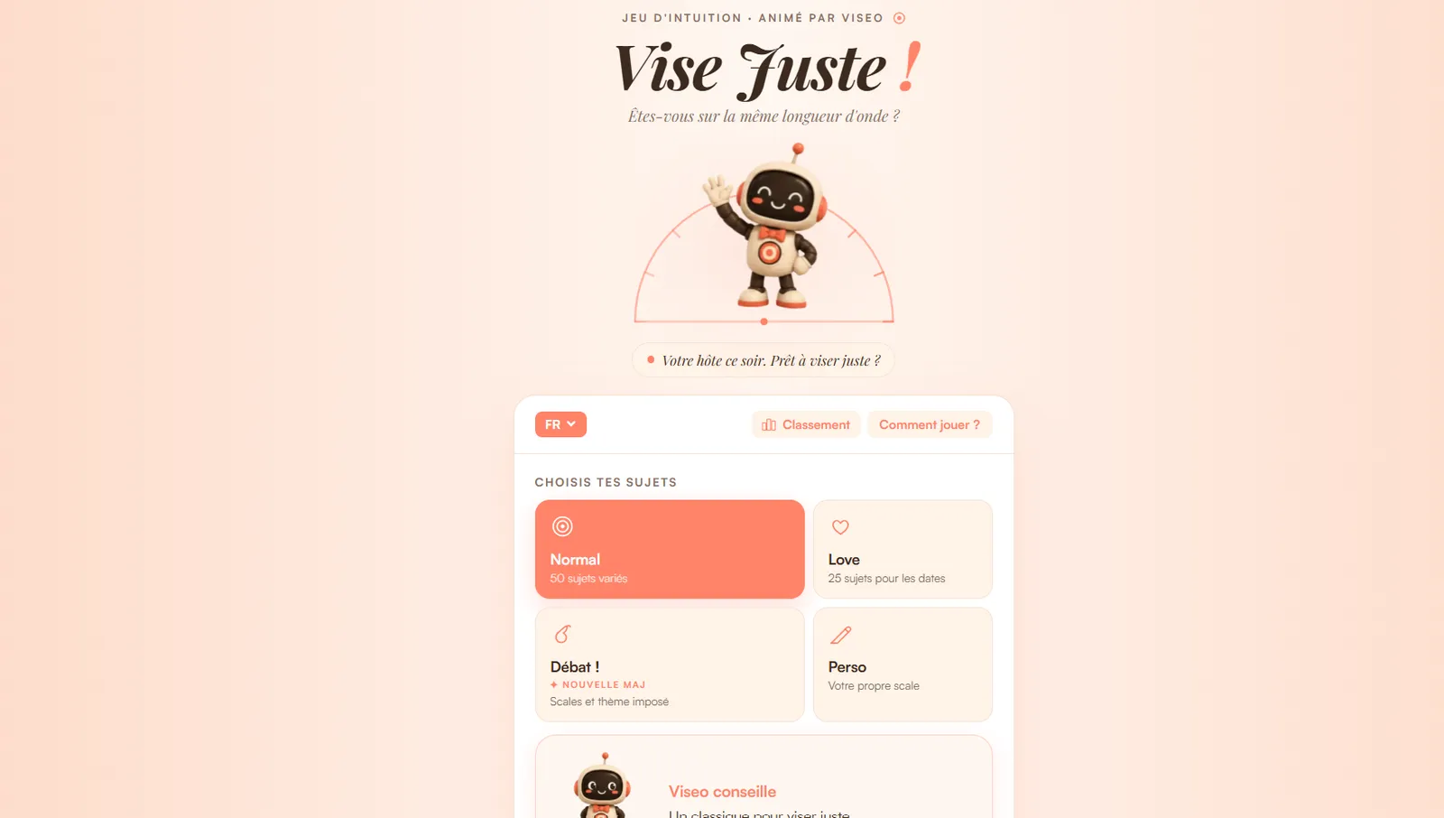 Page d’accueil de Vise Juste, ambiance crème et saumon avec Viseo