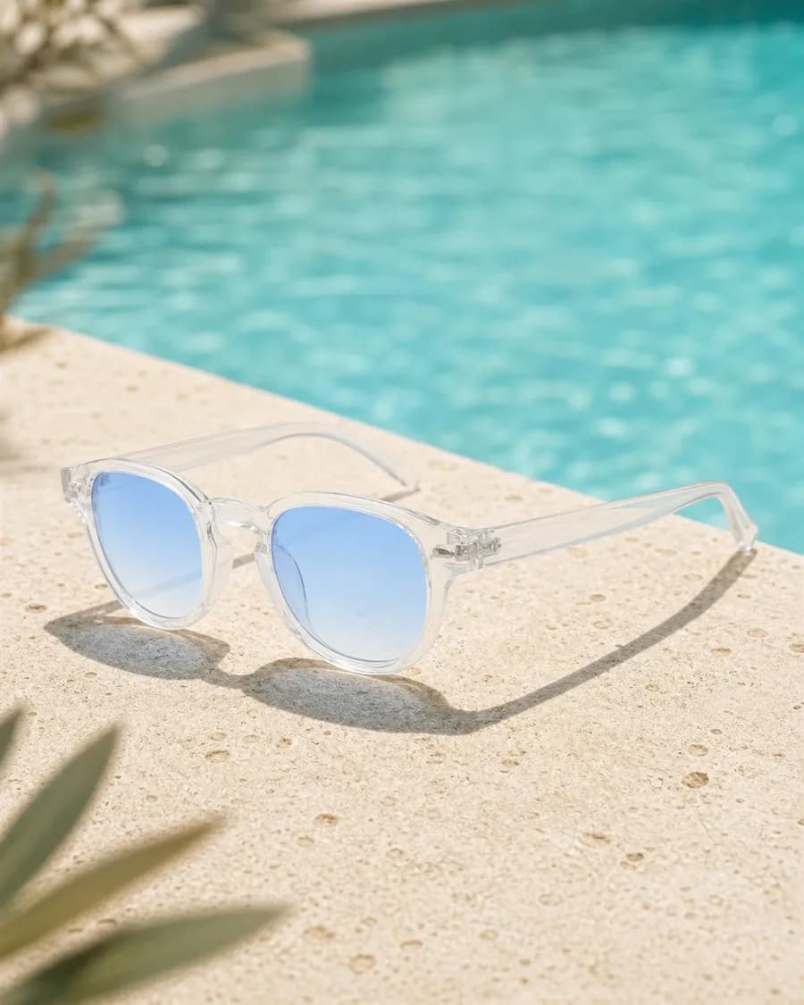 Lunettes Luma Crystal à monture transparente, posées en plein soleil