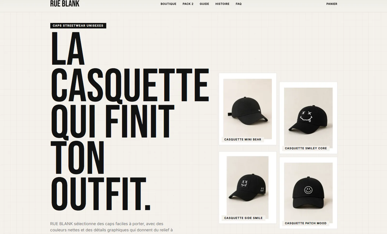 Page d’accueil de rueblank.store, boutique streetwear